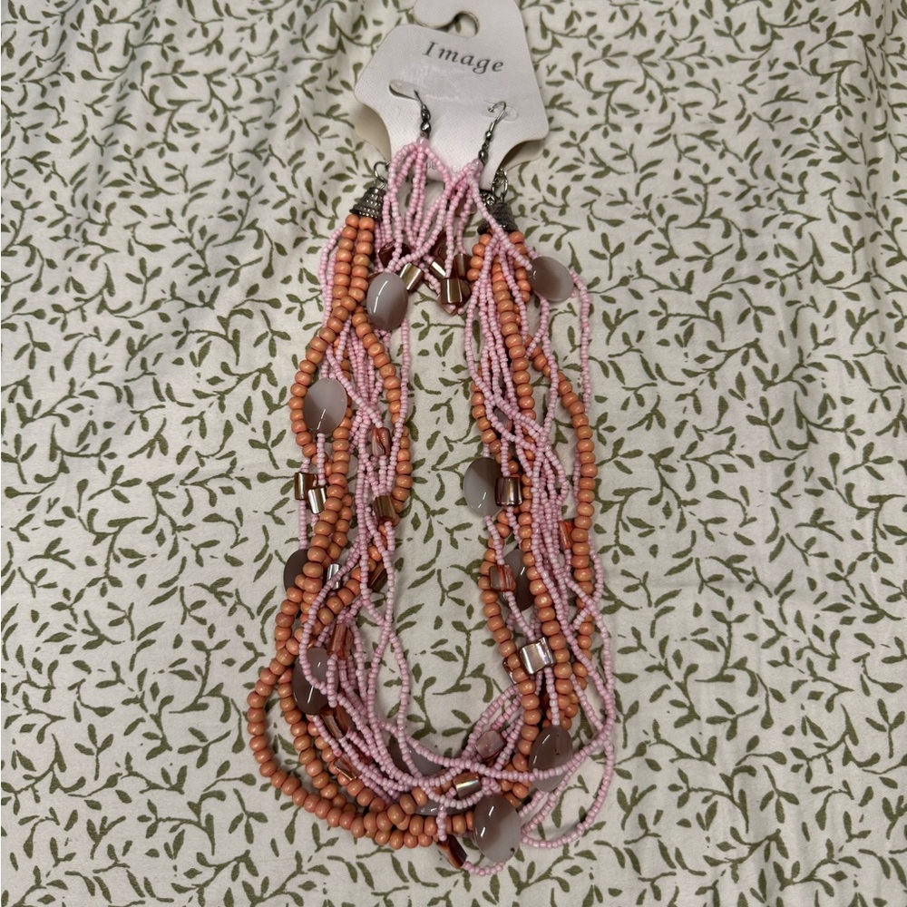 Multi-stranded beaded necklace and earring jewelry set